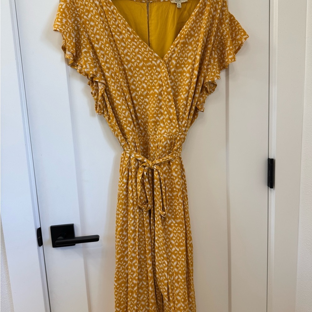 Yellow & White Faux Wrap Dress size XL w/ Ruffle Cap Sleeves Boho Romantic